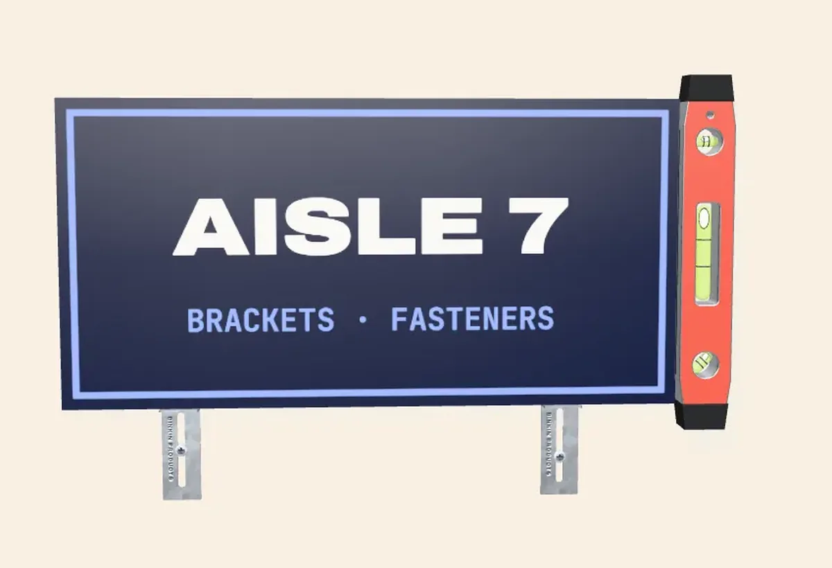 A 3D render of a sign resting on two BINKIN brackets with a level on its edge