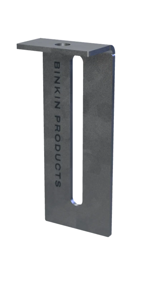 The BINKIN Universal Steel L-Bracket, turning to show its adjustable slot, anchor hole and stamp